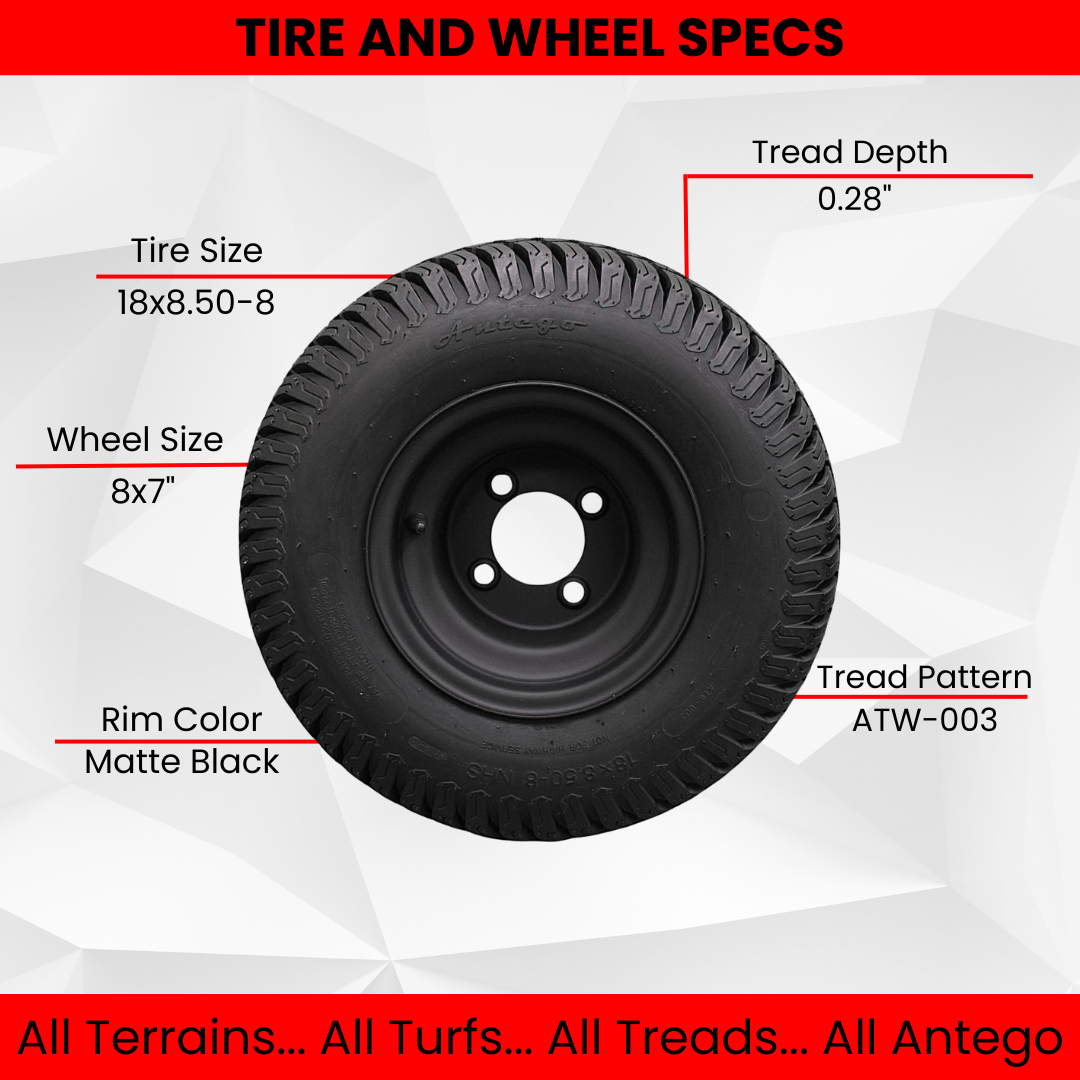 18x8.50-8 Turf Tires and 8x7 Matte Black Alloy Steel Wheels for Golf Carts and Mowers (Set of 2)