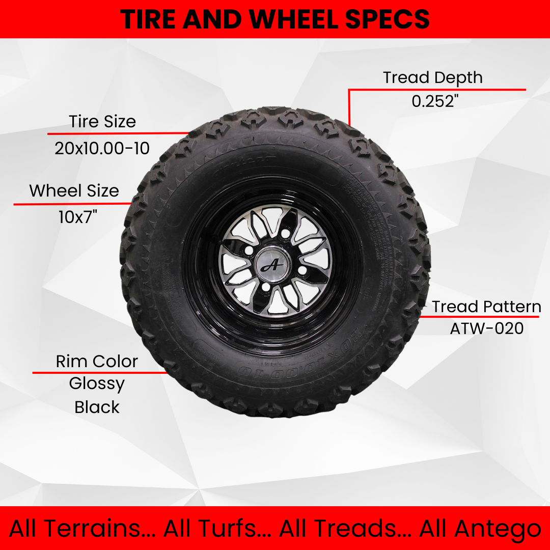 20x10.00-10 with 10x7 Fusion Glossy Black Wheels for Golf (Qty: 1 Tire and Wheel Assembly)
