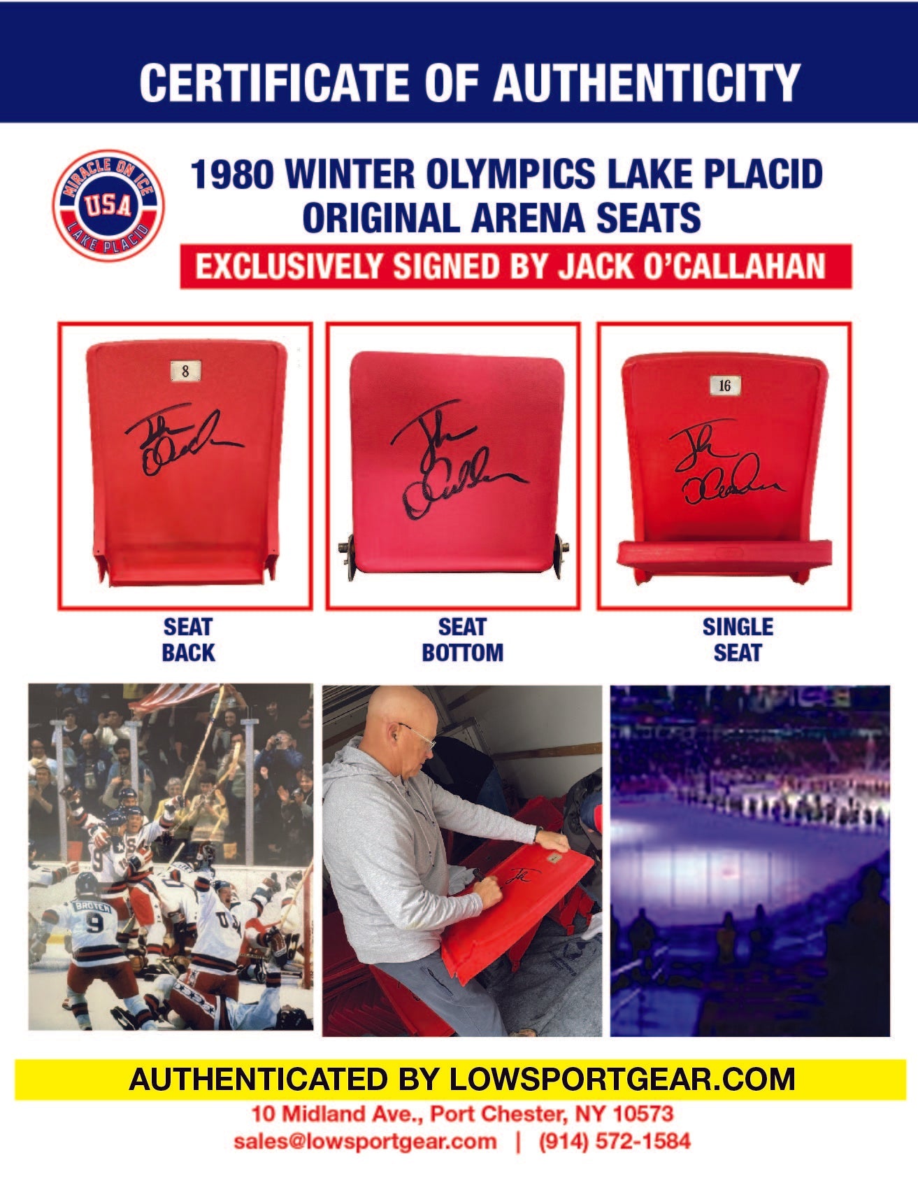 Jack O'Callahan 1980 Gold Signed 45th Anniversary Miracle on Ice Arena Seat Back