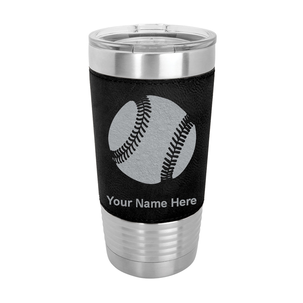 20oz Faux Leather Tumbler Mug, Baseball Ball, Personalized Engraving Included