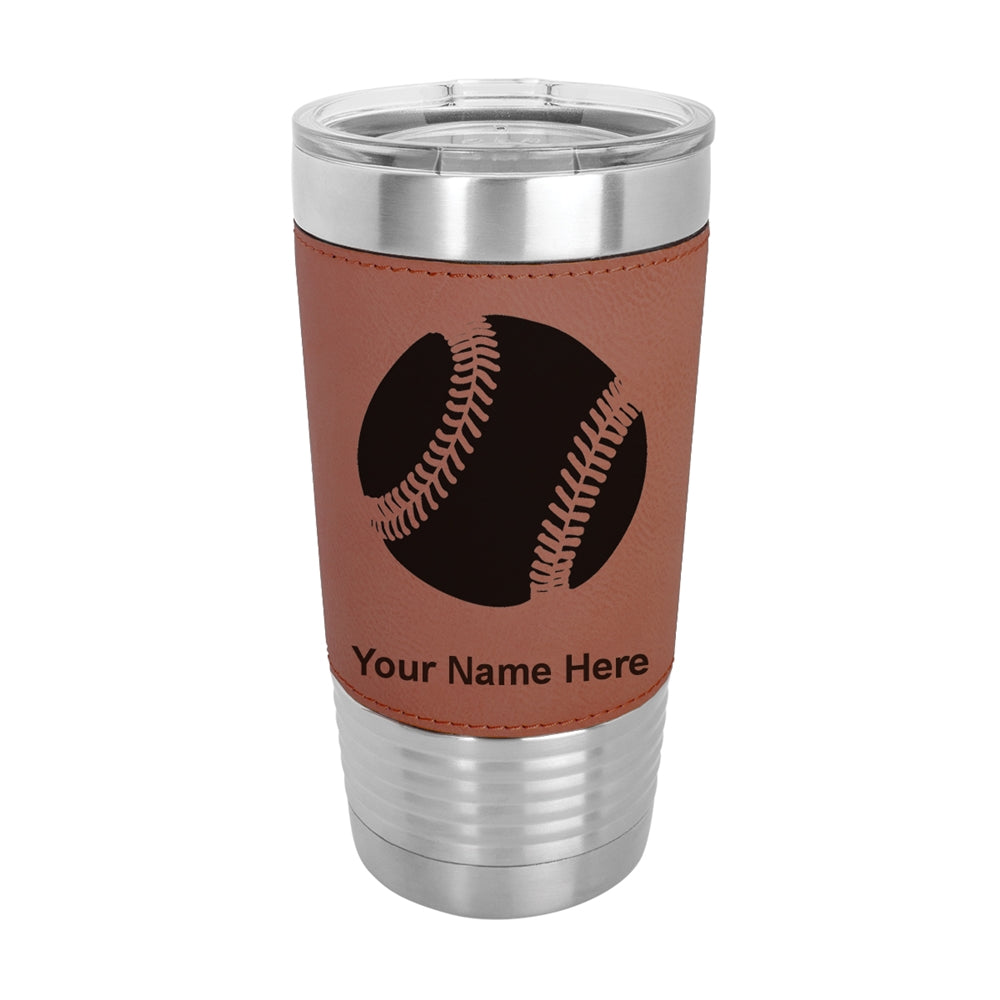 20oz Faux Leather Tumbler Mug, Baseball Ball, Personalized Engraving Included