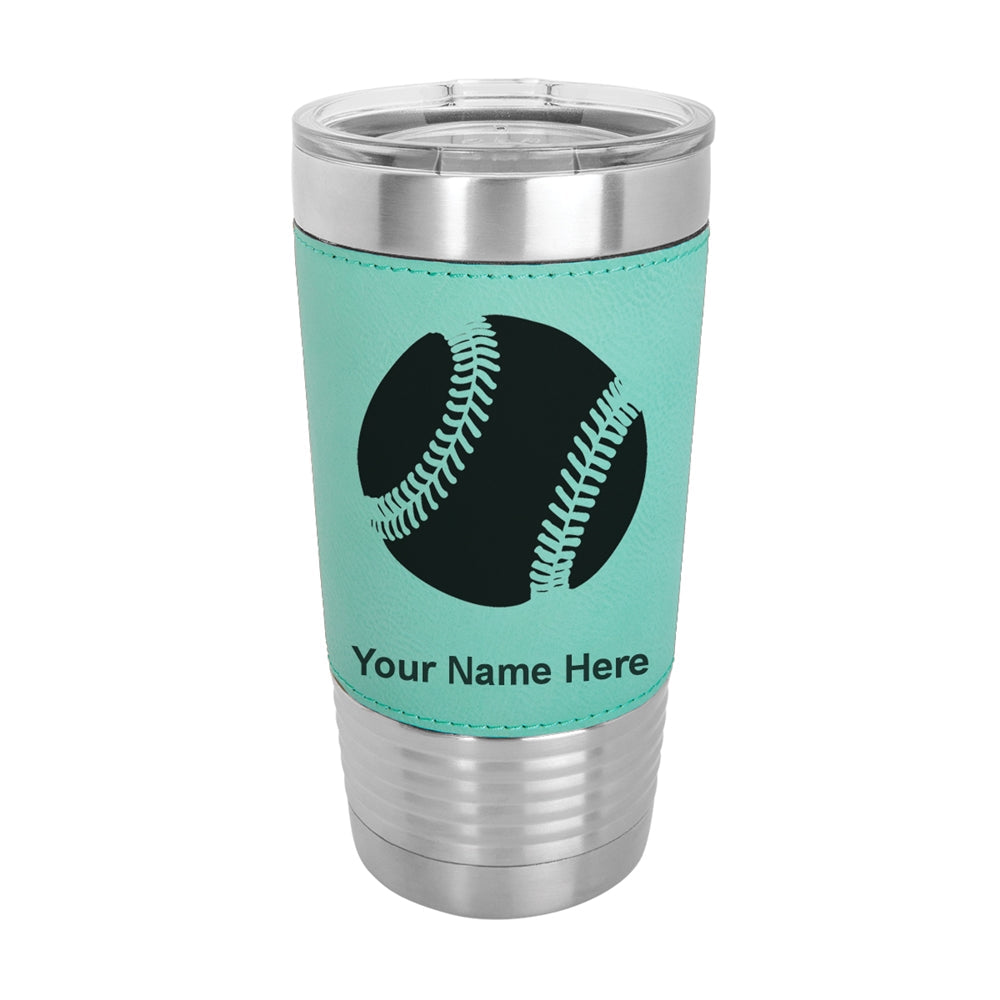 20oz Faux Leather Tumbler Mug, Baseball Ball, Personalized Engraving Included