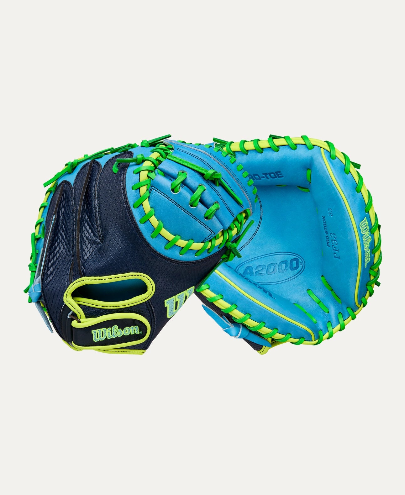 Wilson 2025 Fall A2000 PF33SS Navy/Sky Blue/N 33.00" Baseball Catcher's Mitt WBW10346533