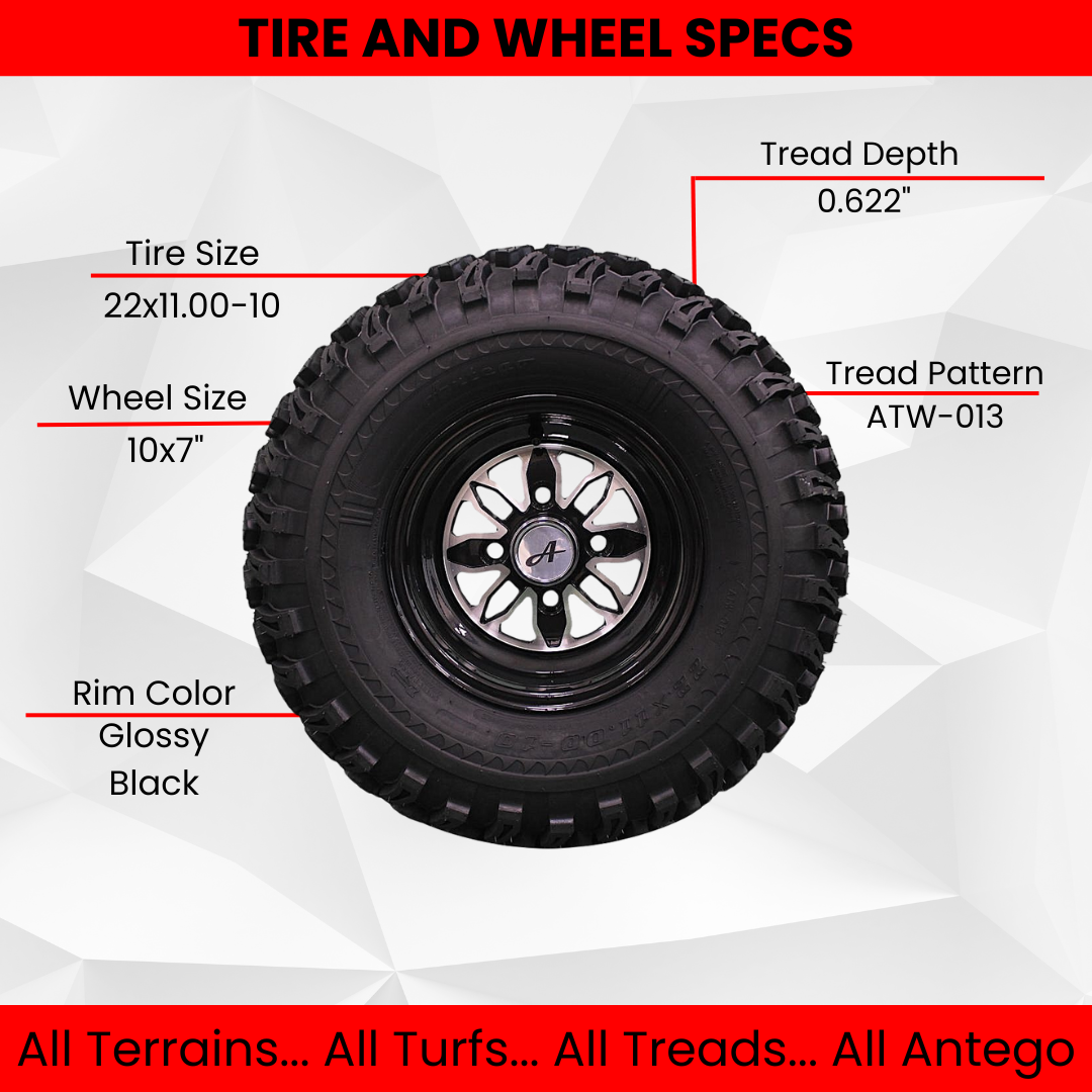 22x11.00-10 with 10x7 Fusion Glossy Black Wheels for Golf Cart (1 Right 1 Left)