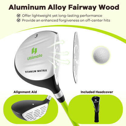 34 Inch 165CC Junior #3 Fairway Wood Golf Club with Fiberglass Shaft for Kids Ages 8-10