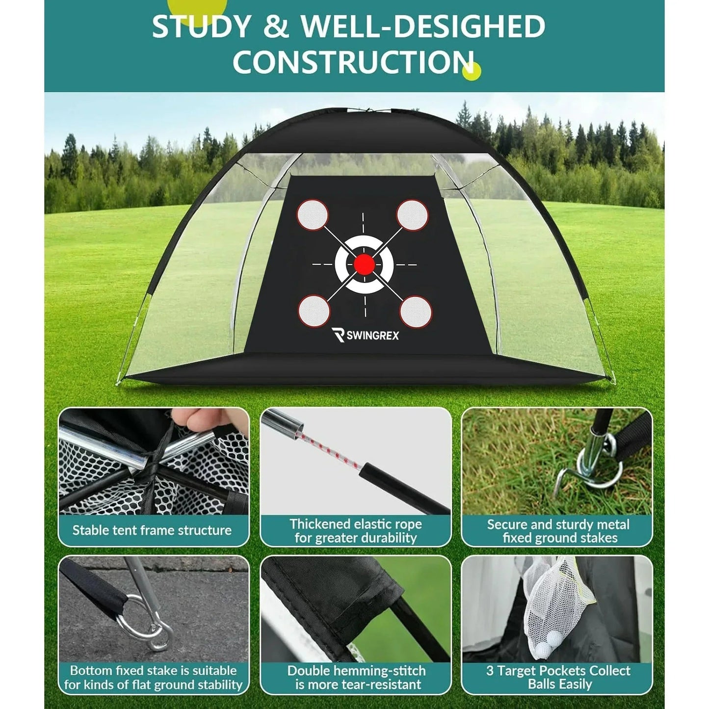 SwingRex 10x7 FT Golf Practice Net with Mat & Target | Backyard Driving & Chipping Trainer (4 Pockets)