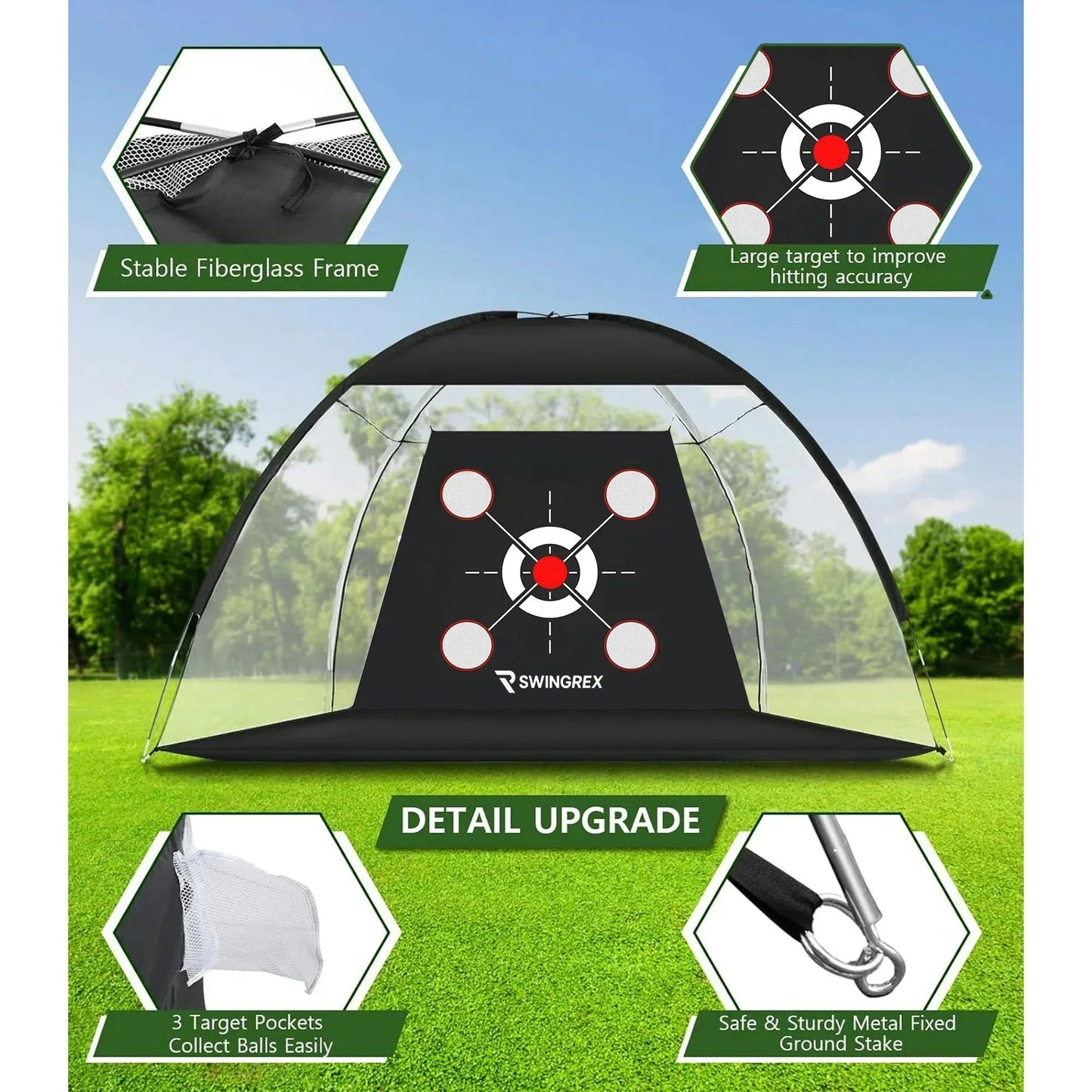 SwingRex 10x7 FT Golf Practice Net with Mat & Target | Backyard Driving & Chipping Trainer (4 Pockets)