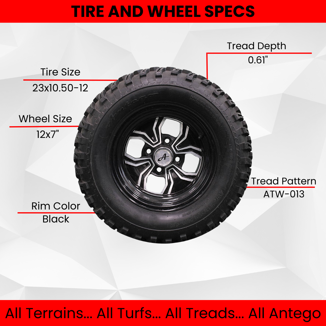 (Set of 4) 23x10.50-12 ATW-013 with 12x7 Black Fusion Golf Tire and Wheel Assemblies
