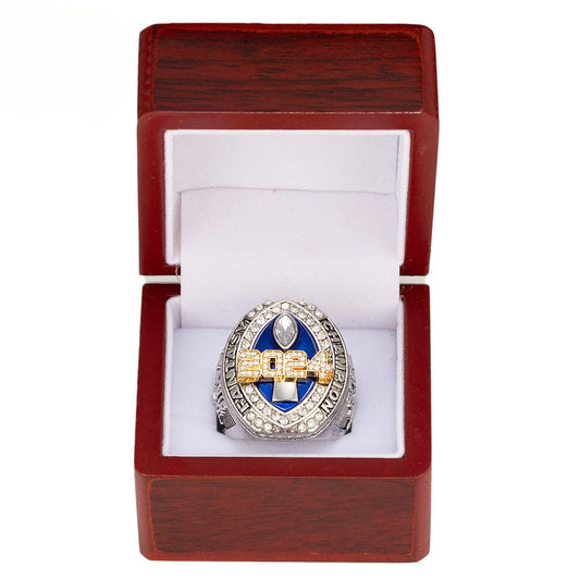2024 FFL Fantasy Football Championship Ring – Blue & Silver Fan Replica Ring with Wooden Gift Box