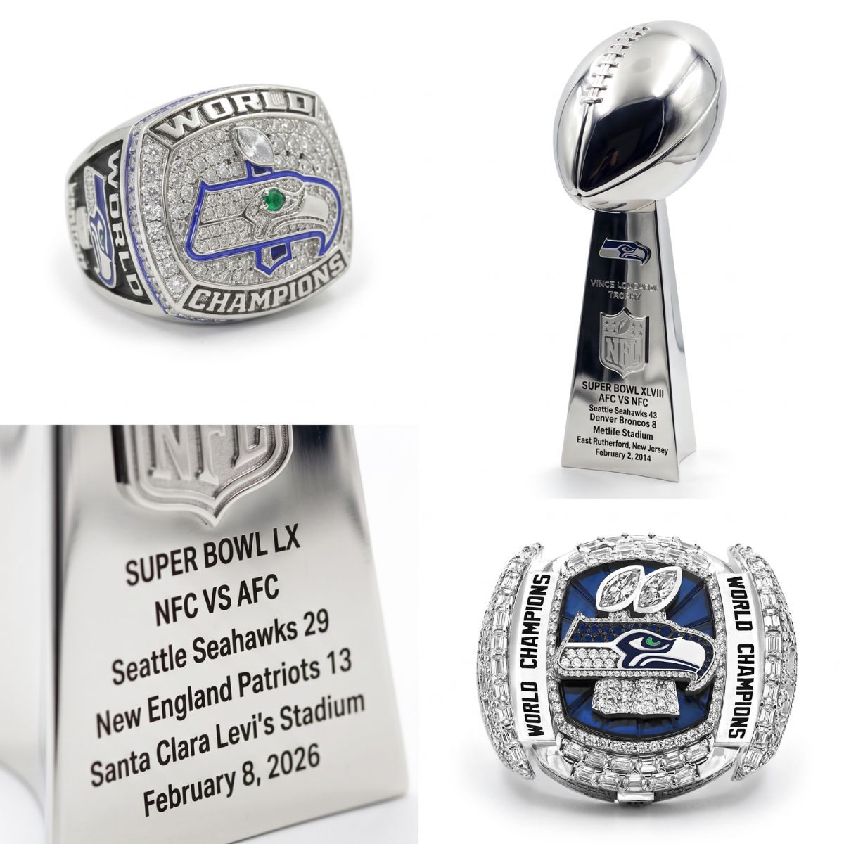 Seattle Football Championship Trophy & Ring Set – 2013 & 2025 Season Replica Collection