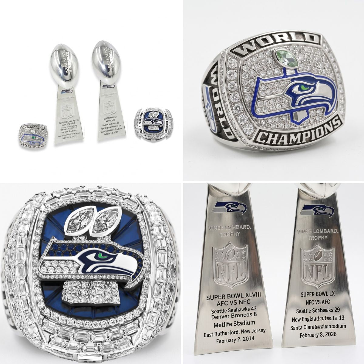 Seattle Football Championship Trophy & Ring Set – 2013 & 2025 Season Replica Collection