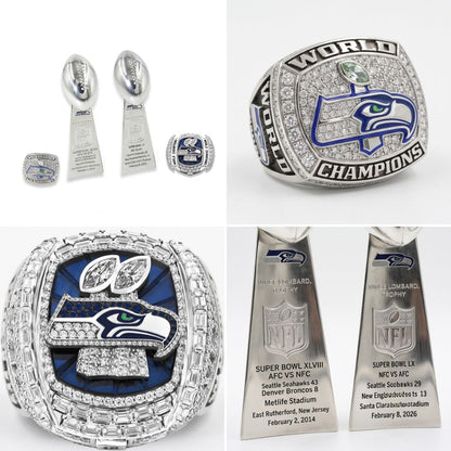 Seattle Football Championship Trophy & Ring Set – 2013 & 2025 Season Replica Collection