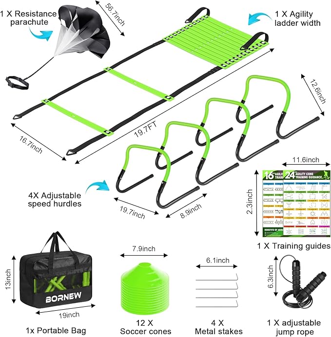 Soccer Training Equipment, Agility Speed Training Set with 20ft Speed Ladder, 12 Cones, 4 Adjustable Hurdles, Jump Rope, Parachute | Ideal for Basketball, Football Practise, for Kids, Youth, Adults