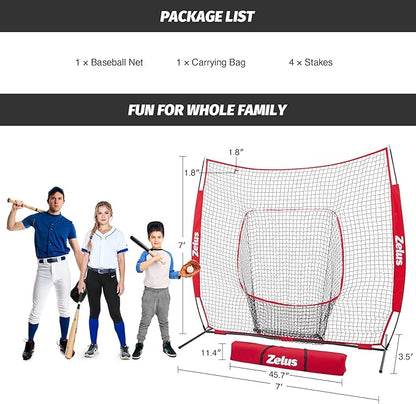 ZELUS Baseball Net 7 ft x7 ft, Softball Hitting & Pitching with Carry Bag, Ground Stakes, Portable Backstop & Bow Frame, Training Equipment for All Ages