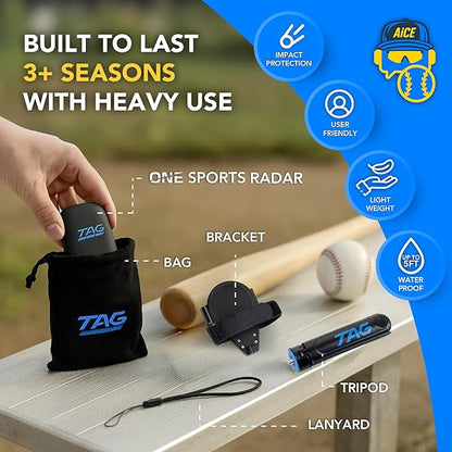 TAG One Sports Radar (120 Ft Range) – AI-Powered Radar Speed Gun with Real-Time Coaching Feedback – Bluetooth Speed Training Device for Baseball, Softball & Golf with App Integration