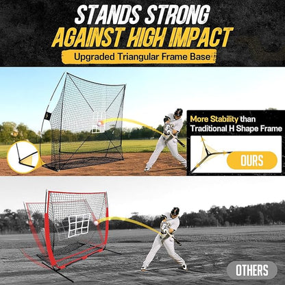 PodiuMax 7x7 Baseball & Softball Net with Upgraded Triangular Base, Large Ball Collection System, Softball Pitching Net with 2 Strike Zone, Baseball Nets for Batting Pitching Fielding