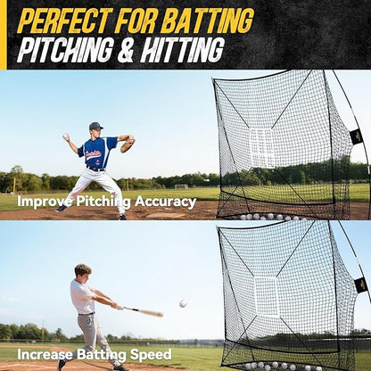 PodiuMax 7x7 Baseball & Softball Net with Upgraded Triangular Base, Large Ball Collection System, Softball Pitching Net with 2 Strike Zone, Baseball Nets for Batting Pitching Fielding