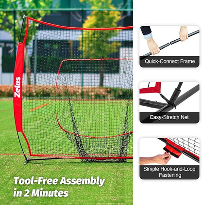 ZELUS Baseball Net 7 ft x7 ft, Softball Hitting & Pitching with Carry Bag, Ground Stakes, Portable Backstop & Bow Frame, Training Equipment for All Ages