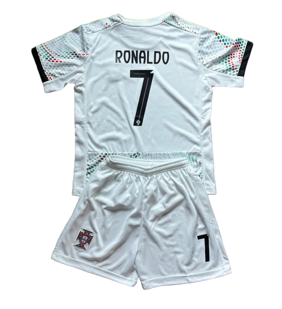 Ronaldo Portugal 2025 Away White Kids Soccer Jersey Kit 2 Piece Set