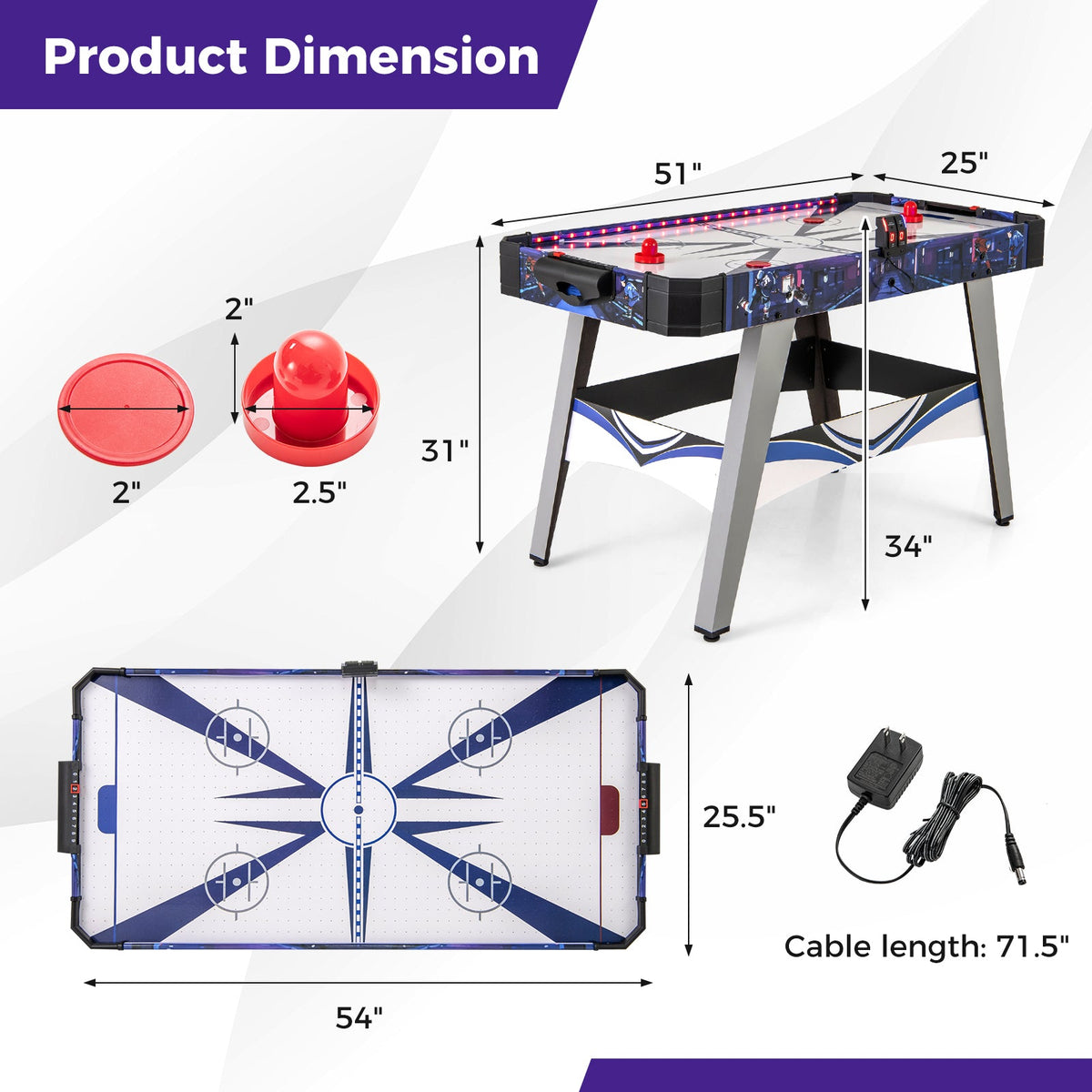 Air Powered Hockey Game Table with 2 Pushers and Pucks-Blue