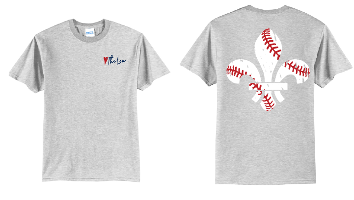 A heather gray short-sleeve t-shirt shown from both front and back. The front features a small red and blue graphic on the left chest reading 'The Lou'.