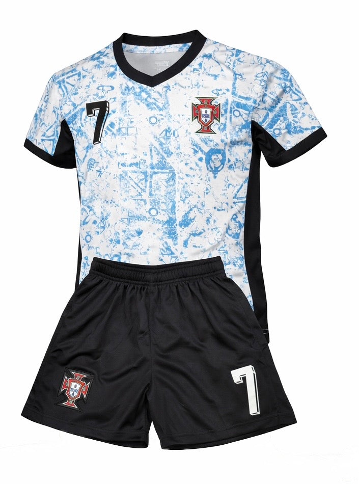 Ronaldo Portugal Away Blue Kids Soccer Jersey Kit 2 Piece Set