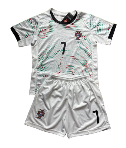 Ronaldo Portugal 2025 Away White Kids Soccer Jersey Kit 2 Piece Set