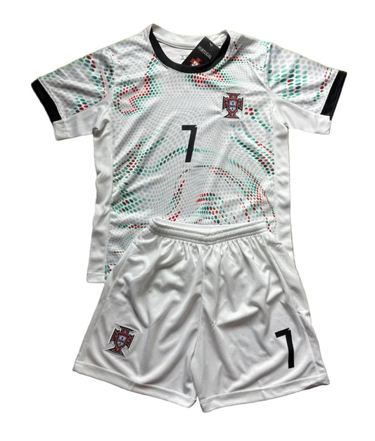 Ronaldo Portugal 2025 Away White Kids Soccer Jersey Kit 2 Piece Set