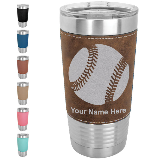 20oz Faux Leather Tumbler Mug, Baseball Ball, Personalized Engraving Included