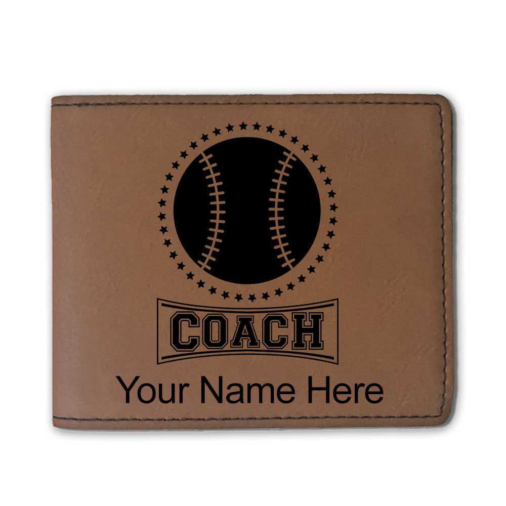 Faux Leather Bi-Fold Wallet, Baseball Coach, Personalized Engraving Included