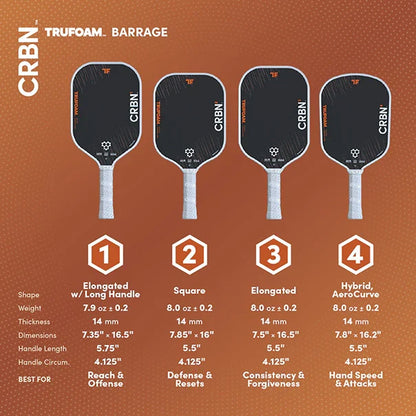 CRBN4 TruFoam Barrage (Hybrid, AeroCurve) - Pickleball Paddle