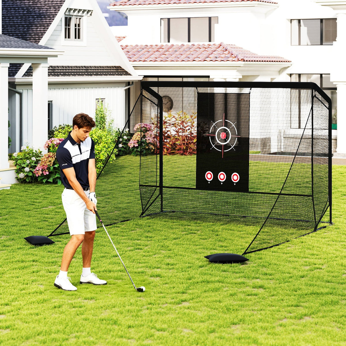 Golf Practice Hitting Net Golf Cage with Dual Side Barriers Target Cloth Metal Frame