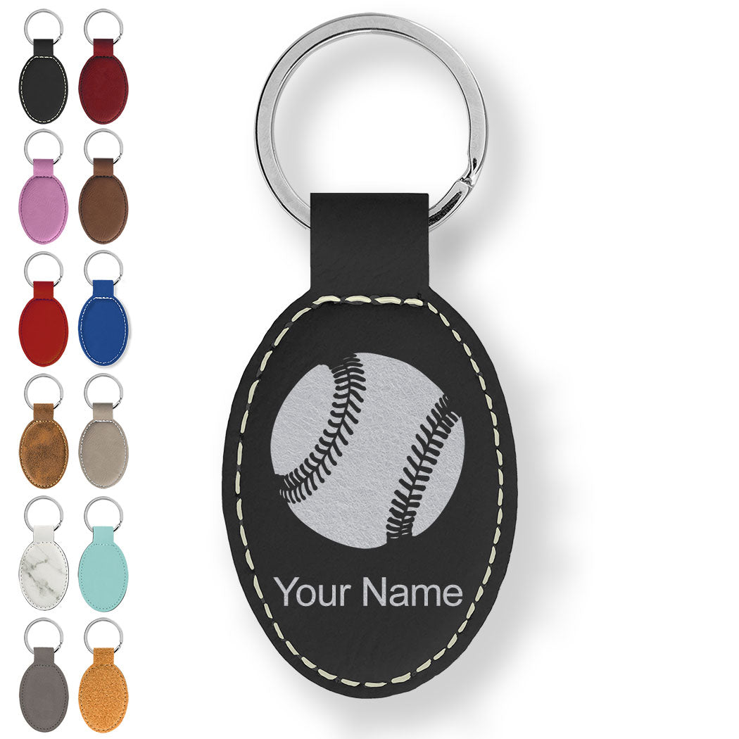 Faux Leather Oval Keychain, Baseball Ball, Personalized Engraving Included