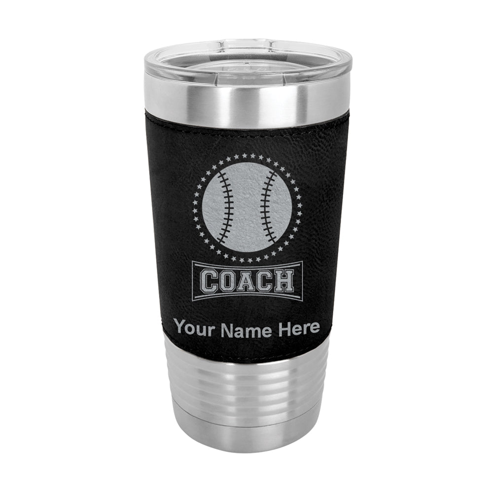 20oz Faux Leather Tumbler Mug, Baseball Coach, Personalized Engraving Included