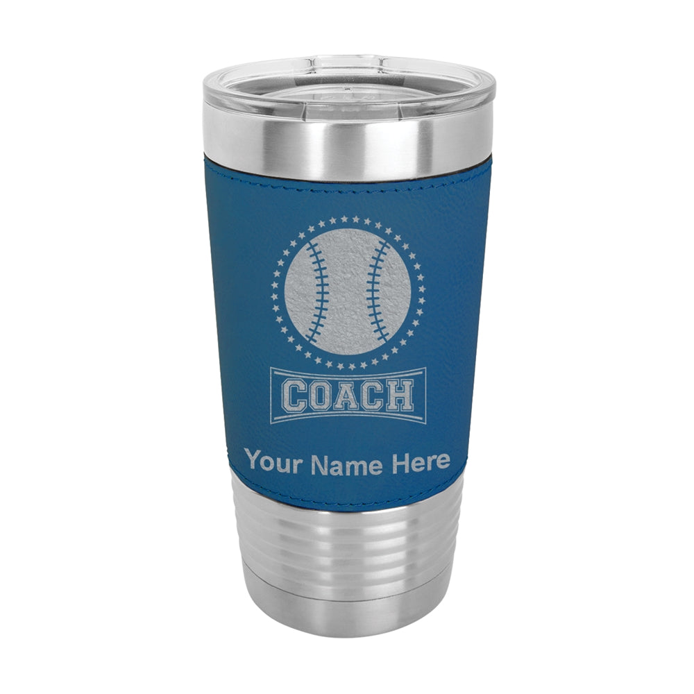 20oz Faux Leather Tumbler Mug, Baseball Coach, Personalized Engraving Included