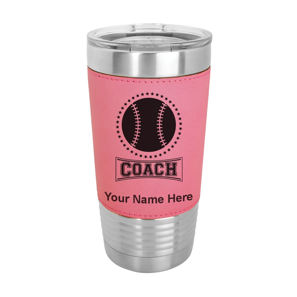 20oz Faux Leather Tumbler Mug, Baseball Coach, Personalized Engraving Included