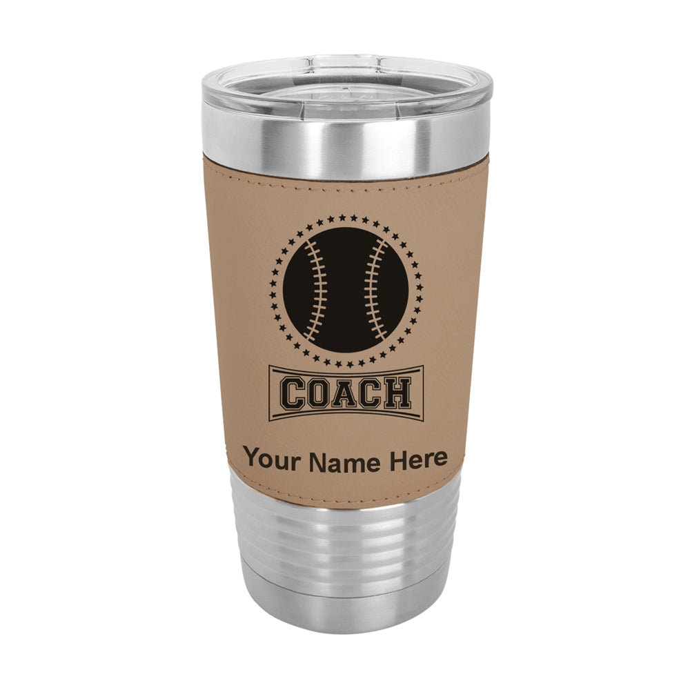 20oz Faux Leather Tumbler Mug, Baseball Coach, Personalized Engraving Included