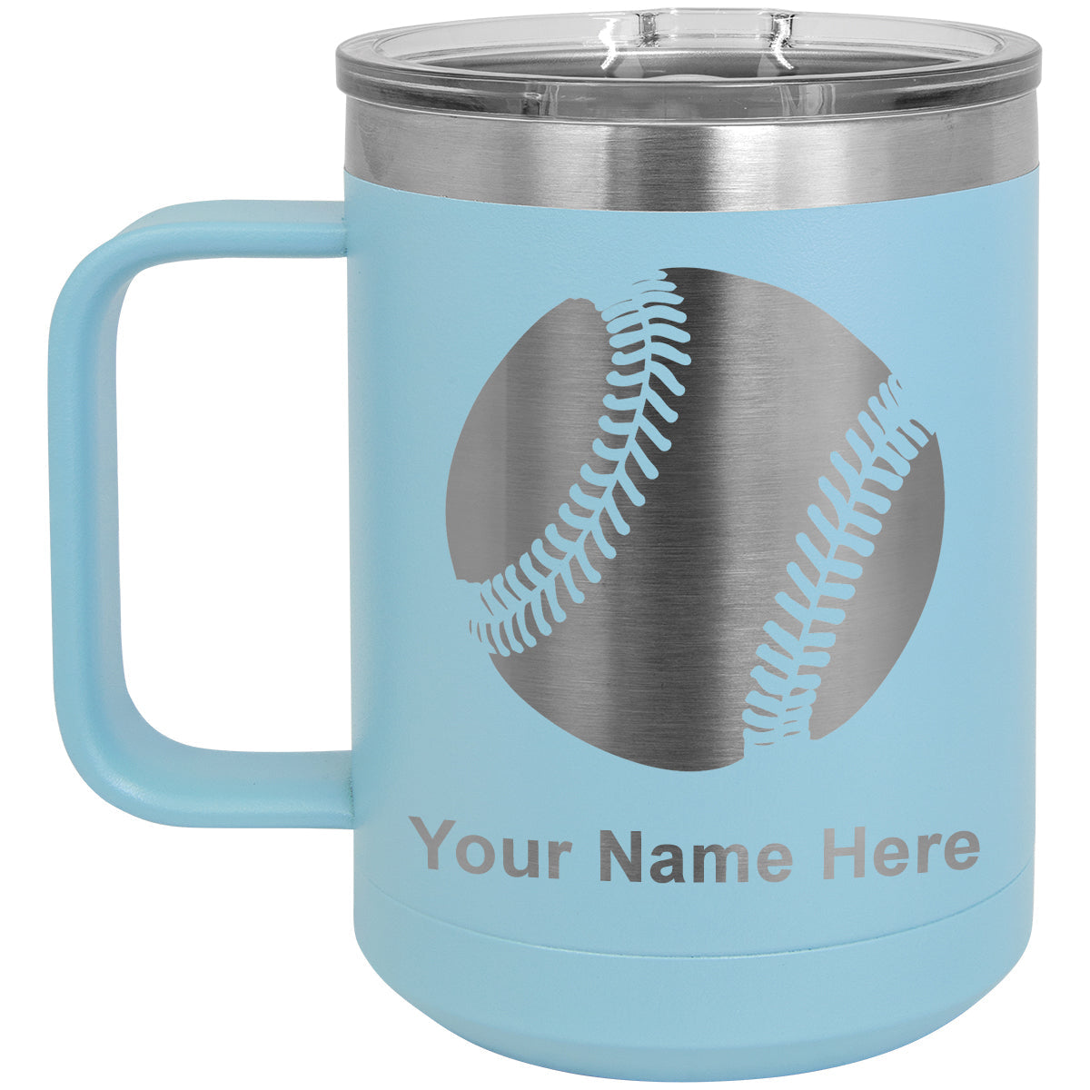 15oz Vacuum Insulated Coffee Mug, Baseball Ball, Personalized Engraving Included