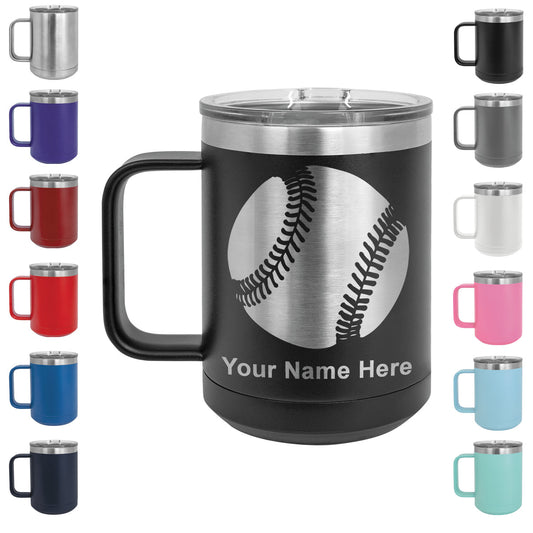 15oz Vacuum Insulated Coffee Mug, Baseball Ball, Personalized Engraving Included