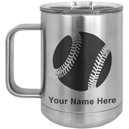 15oz Vacuum Insulated Coffee Mug, Baseball Ball, Personalized Engraving Included