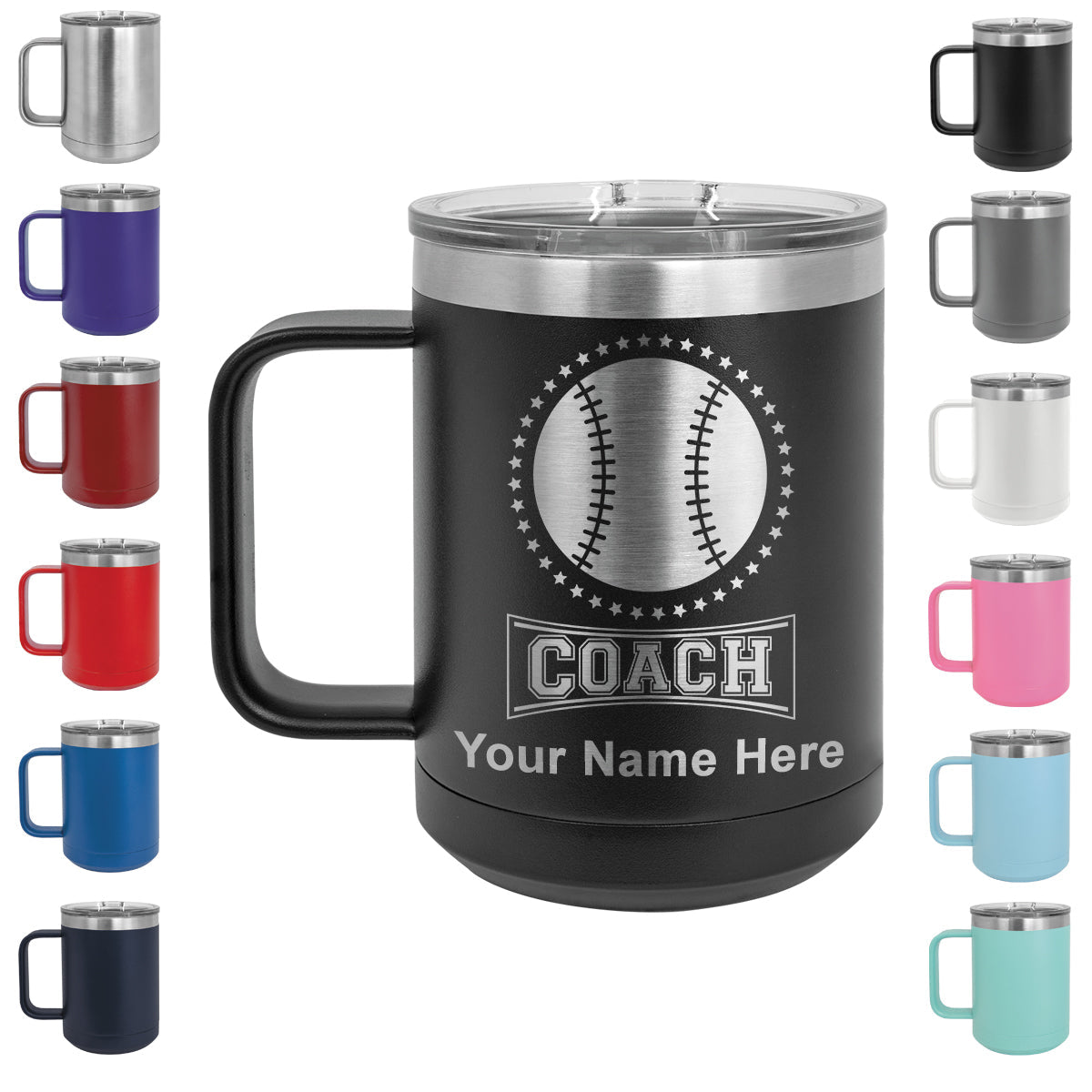15oz Vacuum Insulated Coffee Mug, Baseball Coach, Personalized Engraving Included