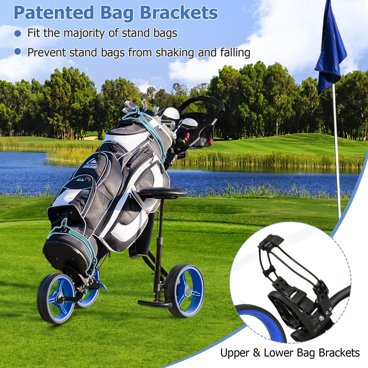 3 Wheels Push Pull Golf Trolley with Scoreboard Bag