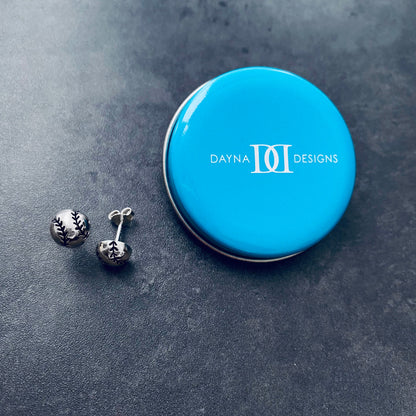Softball Mini Domed Stud Earrings - Silver