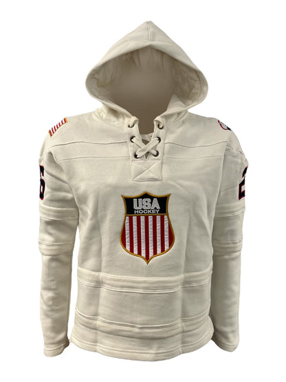 USA Hockey Shield Logo Official Vintage Look Embroidered White Lace Hoodie