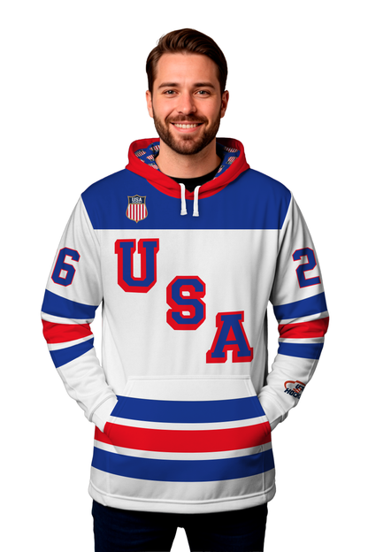 USA Hockey Shield 2026 Replica Jersey White Hoodie-(Out of stock sizes will ship by 03/01/2026)