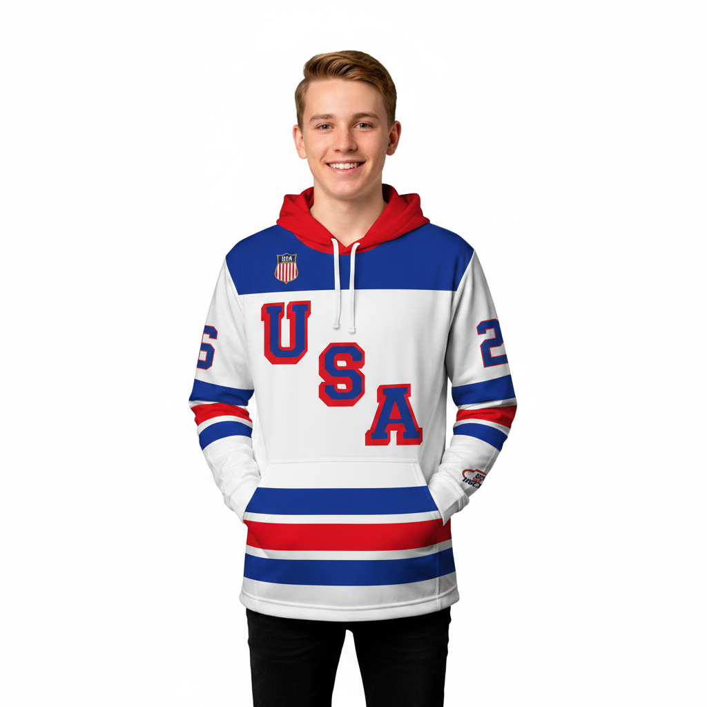 USA Hockey Shield 2026 Replica Jersey White Hoodie-(Out of stock sizes will ship by 03/01/2026)