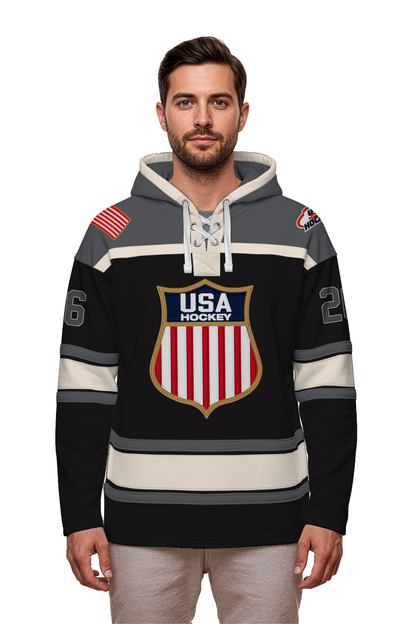 USA Hockey Shield Logo Official Embroidered Performance Black Lace Hoodie