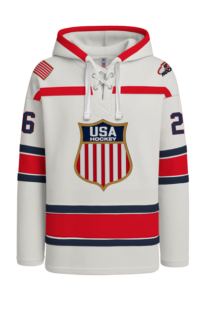 USA Hockey Shield Logo Official Embroidered Vintage White Lace Hoodie