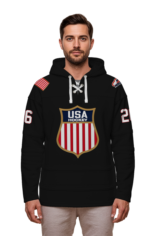 USA Hockey Shield Logo Official Vintage Look Embroidered  Black Lace Hoodie