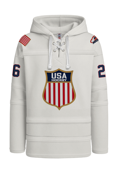 USA Hockey Shield Logo Official Vintage Look Embroidered White Lace Hoodie